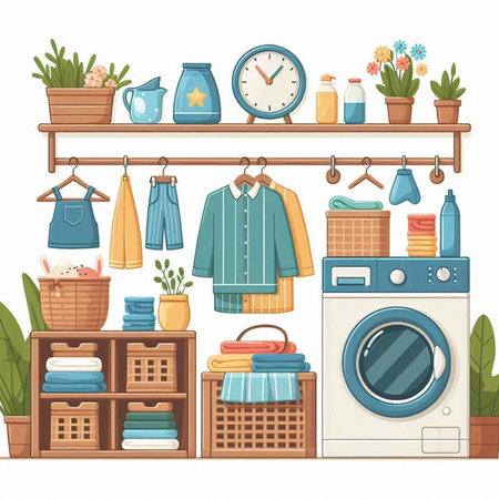 Laundry room interior with washing machine, laundry basket, towels, ironing board and other things. Vector illustration in flat style.のイラスト素材