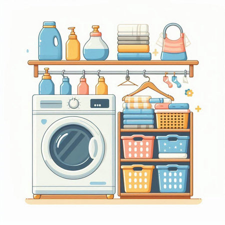 Laundry room with washing machine and laundry basket. Vector illustration.のイラスト素材