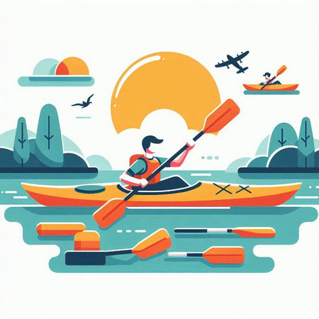 Kayak on the lake. Flat design vector illustration. Canoeing.のイラスト素材
