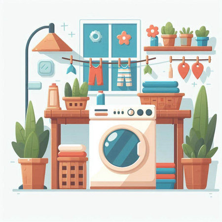 Laundry room with washing machine, towels and potted plants. Flat vector illustration.のイラスト素材