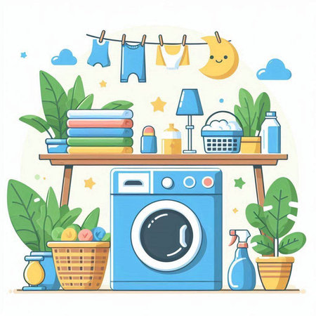 Laundry room with washing machine, basket with towels, basket with clothes, lamp and other things. Flat vector illustration.のイラスト素材