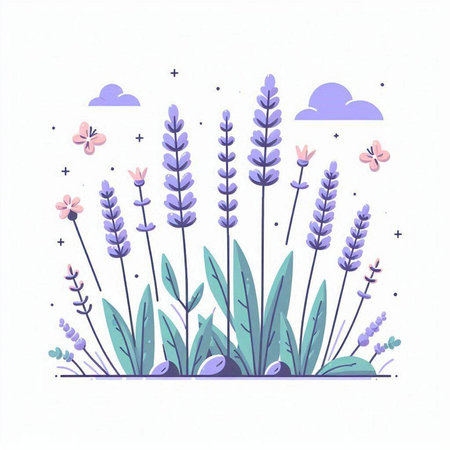 Lavender flowers. Hand drawn vector illustration in cartoon style.のイラスト素材