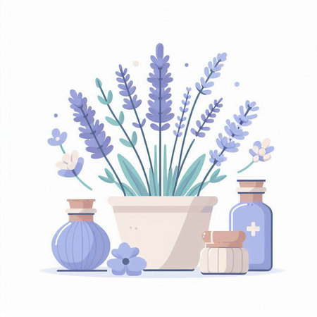 Flowerpot with lavender flowers and essential oil. Vector illustration.のイラスト素材