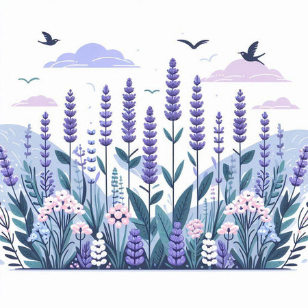 Lavender flowers and birds. Hand drawn vector illustration in cartoon style.のイラスト素材