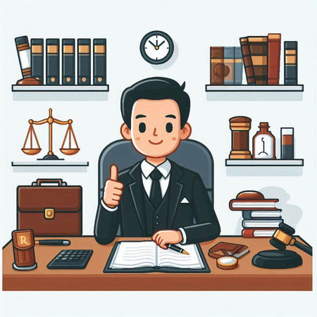 Lawyer sitting at his desk in the office. Vector illustration.のイラスト素材