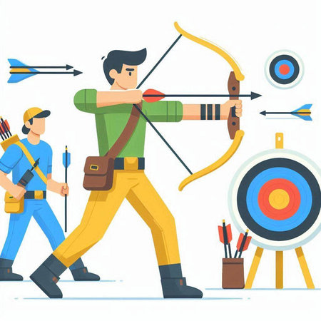 Archery sport vector illustration. Cartoon archery player shooting with bow and arrow. Archery sport, archery competition conceptのイラスト素材