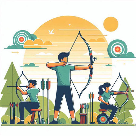 Archery sport. People practicing archery. Flat vector illustration.のイラスト素材