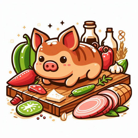 Vector illustration of a cute pig on a wooden cutting board with vegetables.のイラスト素材