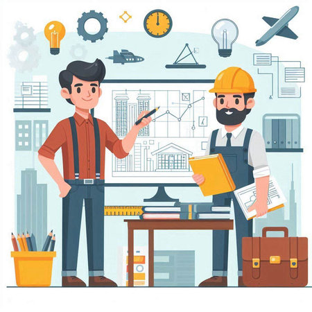 Architect and engineer working in the office. Vector flat cartoon illustrationのイラスト素材