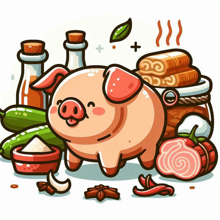 Illustration of a Pig and Ingredients for Cooking on a White Backgroundのイラスト素材