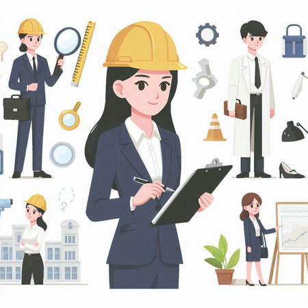 Set of architect, engineer, architect, builder, engineer, architect, engineer, architect, engineer, architect, engineer, architect, engineer, architect, architect, engineer, man, woman, building, vector illustrationのイラスト素材