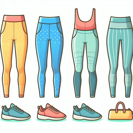 Illustration of a set of women's sports pants and sneakers.のイラスト素材