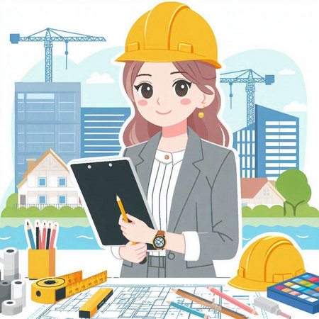 Architect woman working in the construction site. Vector illustration of a female architect.のイラスト素材