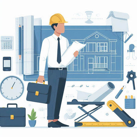 Architect working with construction plan. Engineer in helmet with blueprint and tools. Vector illustrationのイラスト素材