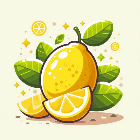 Lemon fruit with leaves and slices on light background. Vector illustration.のイラスト素材