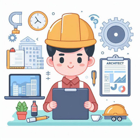 Engineer working with tablet computer. Concept of engineering, construction, architect, engineer, engineer, engineer. Vector illustrationのイラスト素材