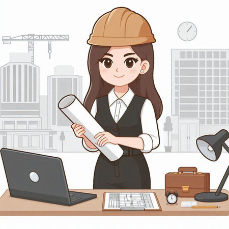 Architect woman working on the construction site. Cartoon vector illustration.のイラスト素材
