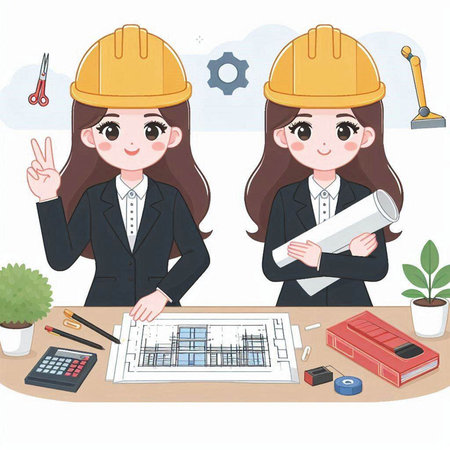 Illustration of a female architect and a female engineer on a deskのイラスト素材
