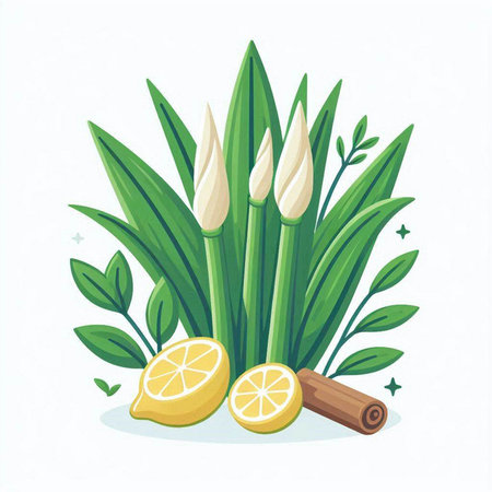 Illustration of fresh lemons, cinnamon sticks and green leaves.のイラスト素材