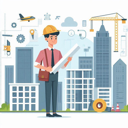 Architect or engineer on construction site. Vector illustration in flat styleのイラスト素材