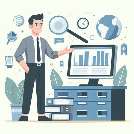 Businessman working in office. Vector illustration in flat cartoon style.のイラスト素材
