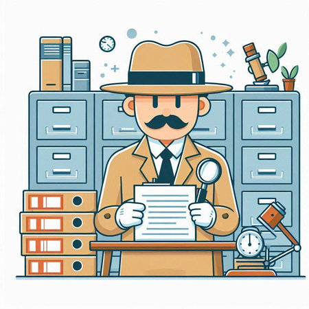 Cartoon detective with magnifying glass and documents. Vector illustration.のイラスト素材