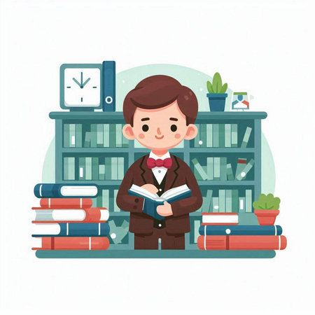 Cute boy reading a book in the library. Vector illustration.のイラスト素材