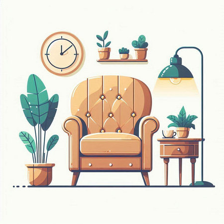 Living room interior with armchair, lamp and plants. Vector illustrationのイラスト素材