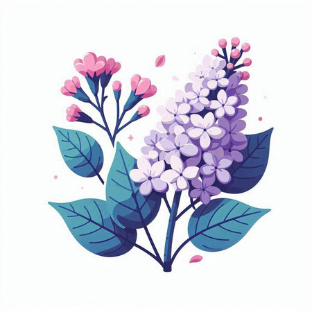Branch of lilac with flowers and leaves. Vector illustration.のイラスト素材