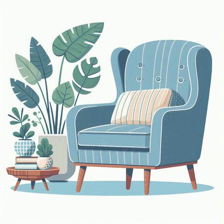 Vector illustration of armchair in living room with plants and flowers.のイラスト素材