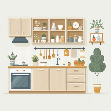 Kitchen interior with furniture and plants. Vector illustration in flat style.のイラスト素材