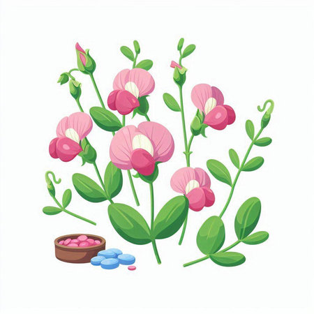Pink sweet pea flowers on a white background. Vector illustration.のイラスト素材