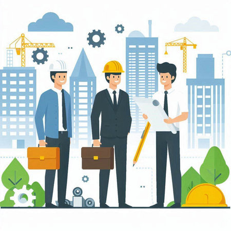 Architects, engineers and architects on construction site. Vector illustrationのイラスト素材