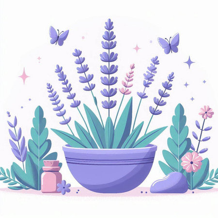 Vector illustration of lavender flowers in a pot, perfume bottle and butterflies.のイラスト素材