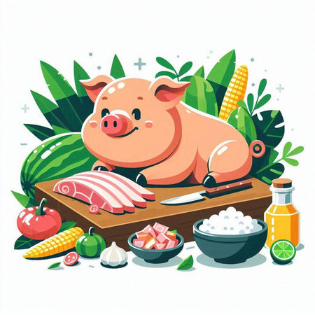 Vector illustration of a pig on a cutting board with vegetables and seafood.のイラスト素材