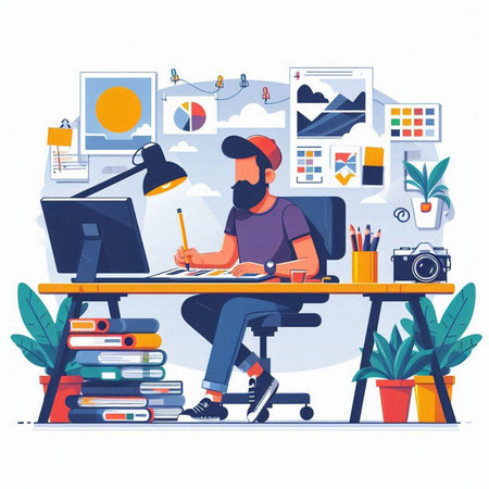 Hipster man working at home office. Freelance, remote work. Vector illustrationのイラスト素材