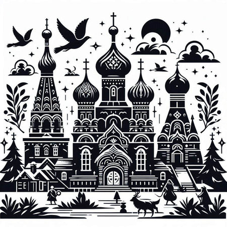 Church of the Intercession of the Blessed Virgin Mary. Monochrome vector illustrationのイラスト素材