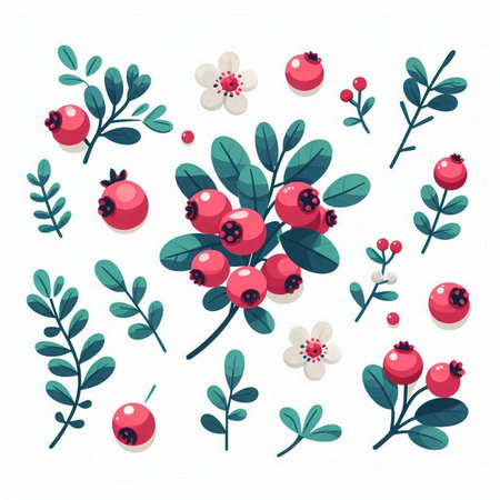 Cranberry set with green leaves and berries. Vector illustration.のイラスト素材