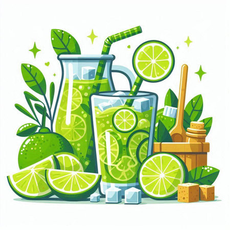 Cocktail with lime, ice and mint. Vector illustration.のイラスト素材