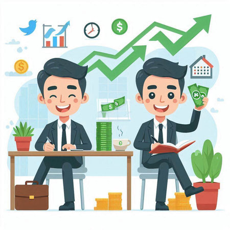 Businessman and Businessman Sitting at the Office Desk with Money and Financial Chart.のイラスト素材