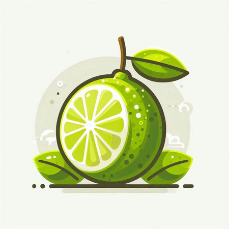 Lime fruit with green leaves on white background. Vector illustration.のイラスト素材