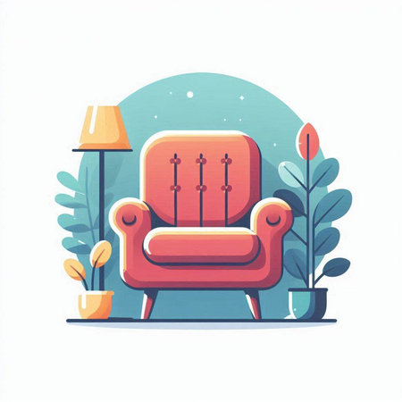 Vector illustration of a cozy living room with armchair, lamp and plants. Flat styleのイラスト素材