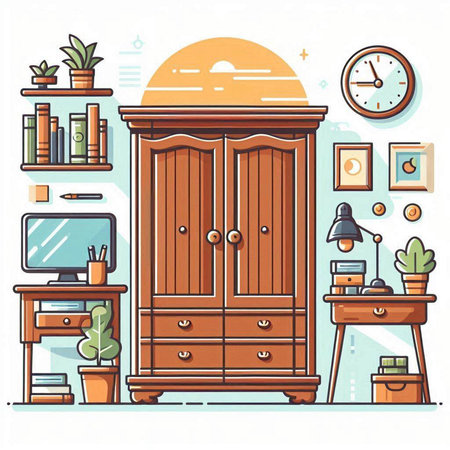 Furniture and interior design elements in flat style. Vector illustration.のイラスト素材