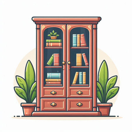 Cabinet with books and plants. Vector illustration in cartoon styleのイラスト素材