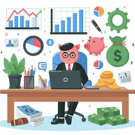 Vector illustration of a businessman sitting at his desk and working on laptop.のイラスト素材