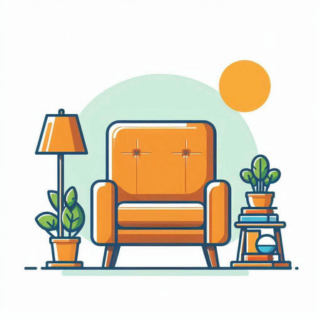 Comfortable armchair, lamp and houseplants. Vector illustrationのイラスト素材
