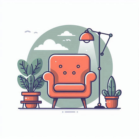 Living room with armchair, lamp and plants. Vector illustration in flat styleのイラスト素材