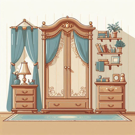 Illustration of a bedroom interior in retro style. Vector illustration.のイラスト素材