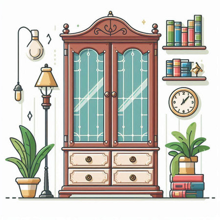 Vector illustration of a cozy room with wooden furniture, bookshelf, lamps and plants.のイラスト素材