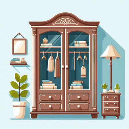 Wooden cabinet with books, bookshelf, lamp and plants. Vector illustration.のイラスト素材